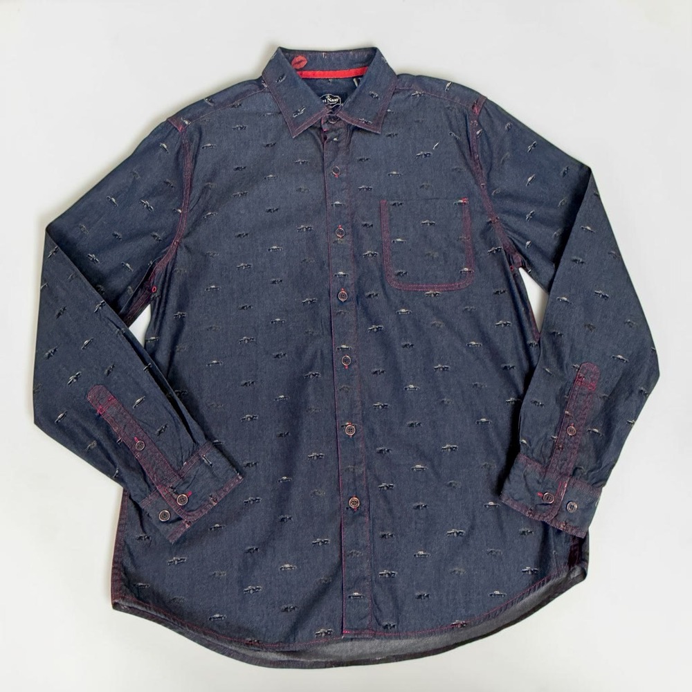 Nat Nast Mens M Indigo Shirt Classic Cars Hidden Keys Long Sleeve Cotton Fall 15